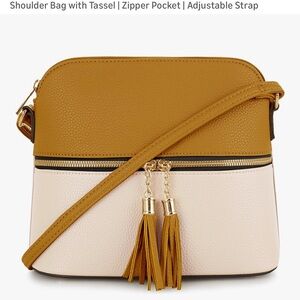 Elegant Tan and Cream Shoulder Bag with Tassels
